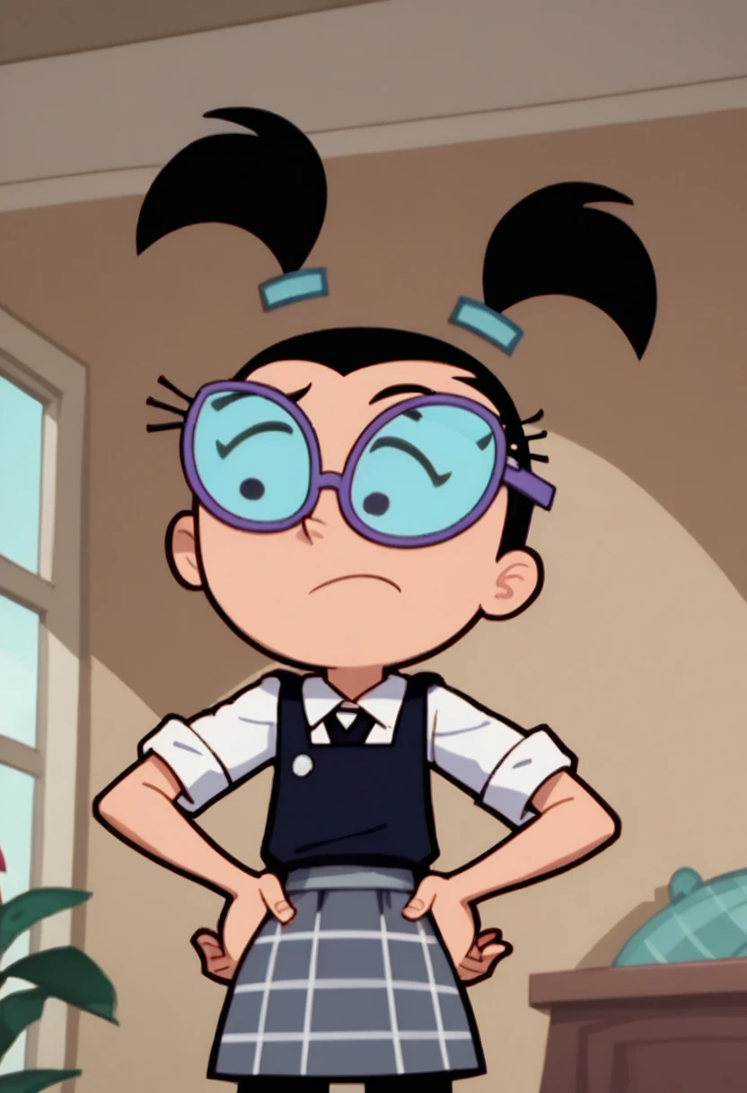 Score_9_up, score_8_up, score_7_up, high quality, 1girl, solo, tootie, black hair, twintails, hairband, glasses, school_uniform, hands on hip, living room