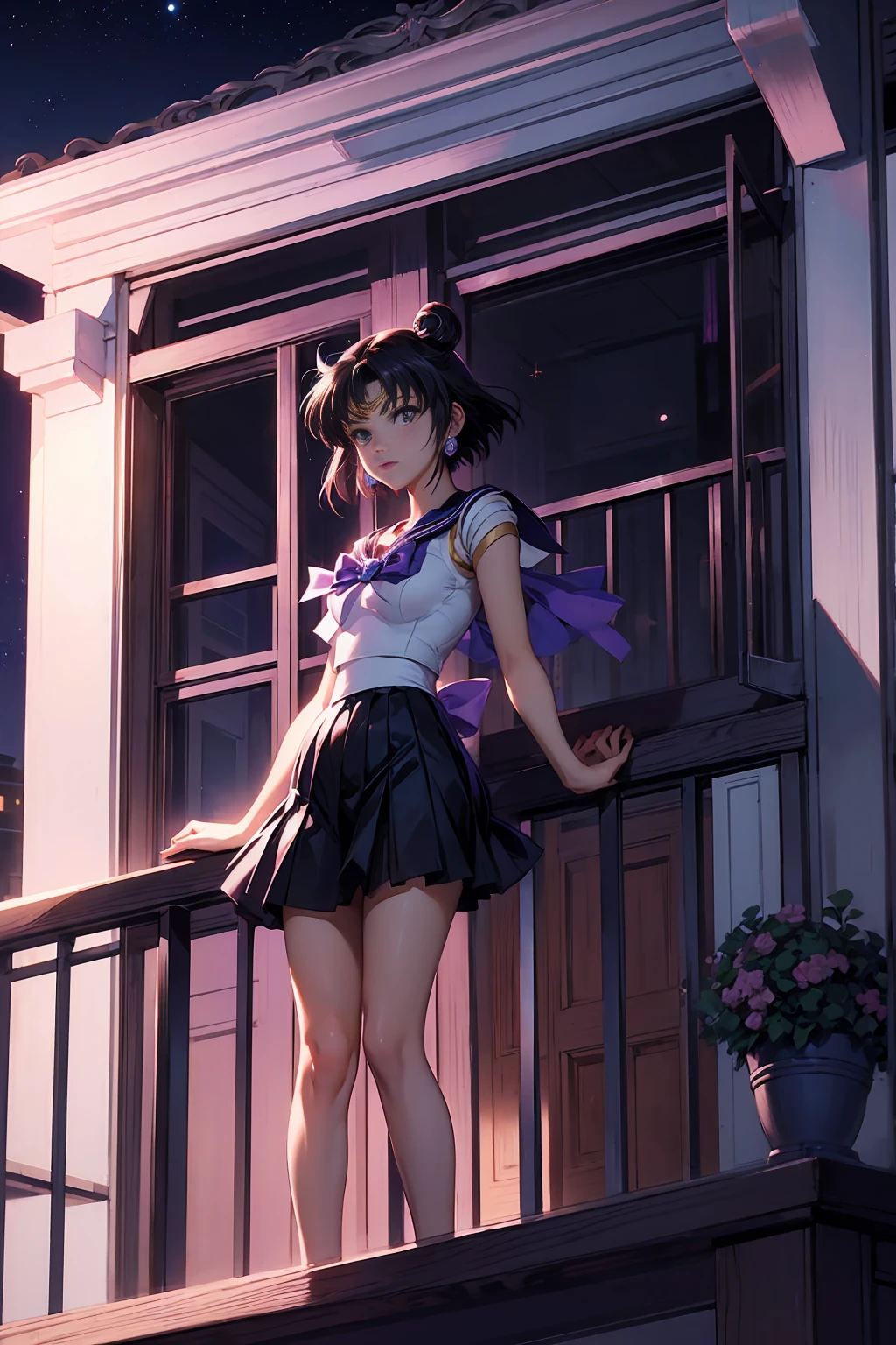 Sailor Saturn (Sailor Moon Anime), standing in a balcony at night, <lora:GoodHands-, <lora:GoodLegs-, UHD, high resolution, (expressive eyes, perfect face, full body, expressive face, perfect body, perfect pussy, athletic, fit, slim body, blushing, Perfect makeup, eyeliner, beautiful eyelashes, smiling, horny face), ((best illumination, best shadows)), ((sexy pose)), brooch, white gloves, choker, skirt, star (symbol), purple footwear, knee boots, star brooch, earrings, sailor collar, bow, cross-laced footwear, pleated skirt, brown bow, gloves, elbow gloves, purple skirt, jewelry, boots, back bow, lace-up boots, magical girl, star choker, purple sailor collar, purple eyes, black hair, short hair, EPsmSailorSaturn, sailor_saturn, sailor senshi uniform, tiara, sailor saturn