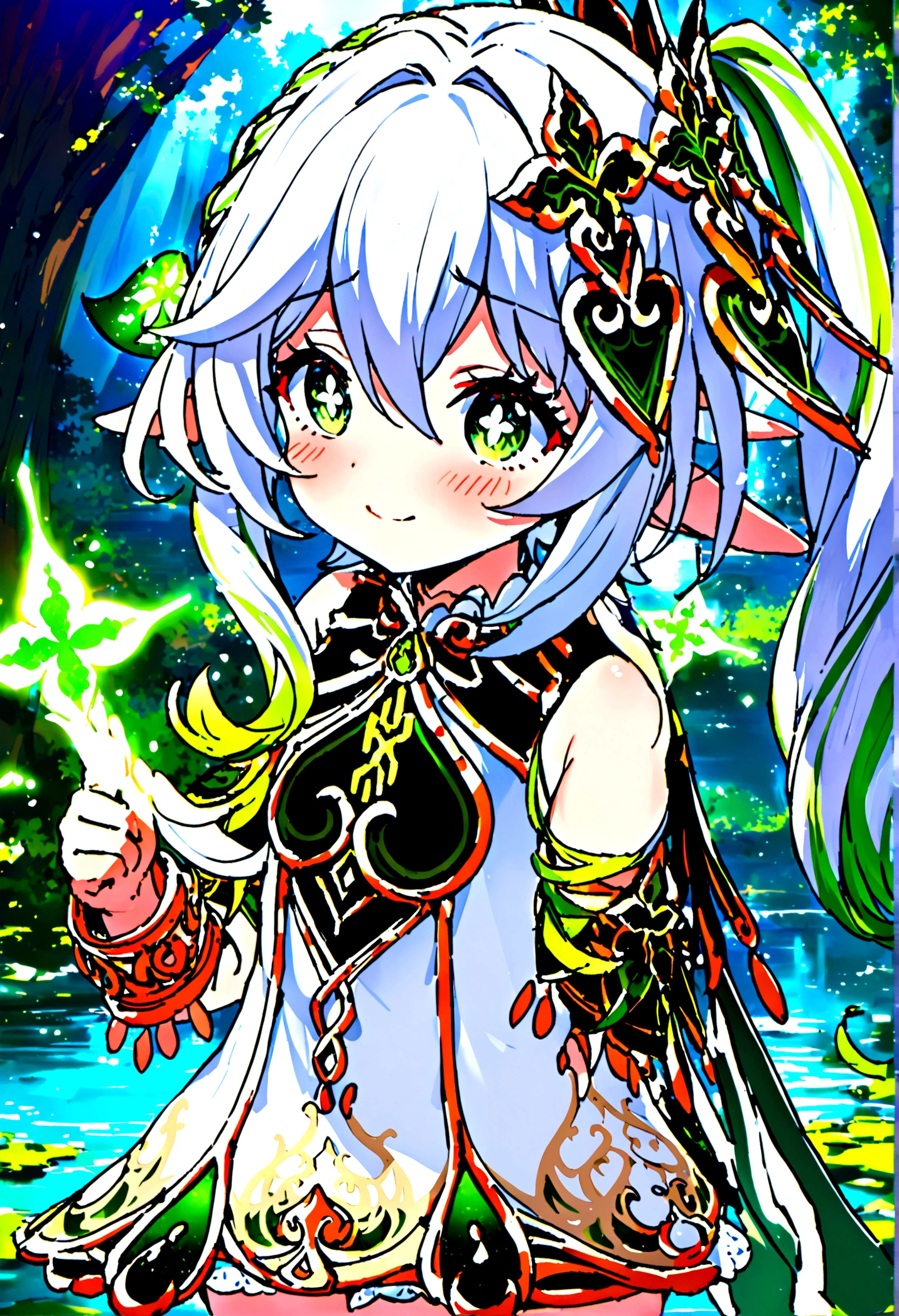 NSFW,masterpiece,Highest quality,High resolution,Super detailed,Nahida \(genshin impact\)、Green Eyes、dress、白いdress、Pointed Ears、Cruciform pupil、Symbol-shaped pupil、+ +、Side Ponytail、Long Hair、White Hair、Multicolored Hair、hair ornaments,blush,Expecting face,Be nervous,smile,in the forest,lake