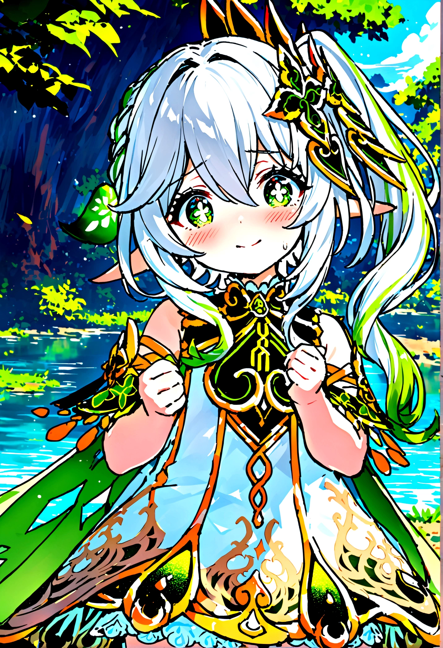 NSFW,masterpiece,Highest quality,High resolution,Super detailed,Nahida \(genshin impact\)、Green Eyes、dress、白いdress、Pointed Ears、Cruciform pupil、Symbol-shaped pupil、+ +、Side Ponytail、Long Hair、White Hair、Multicolored Hair、hair ornaments,blush,Expecting face,Be nervous,smile,in the forest,lake