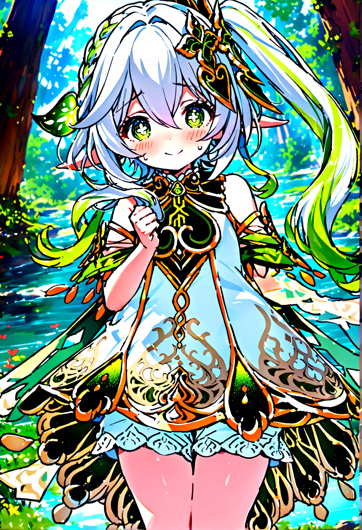 NSFW,masterpiece,Highest quality,High resolution,Super detailed,Nahida \(genshin impact\)、Green Eyes、dress、白いdress、Pointed Ears、Cruciform pupil、Symbol-shaped pupil、+ +、Side Ponytail、Long Hair、White Hair、Multicolored Hair、hair ornaments,blush,Expecting face,Be nervous,smile,in the forest,lake