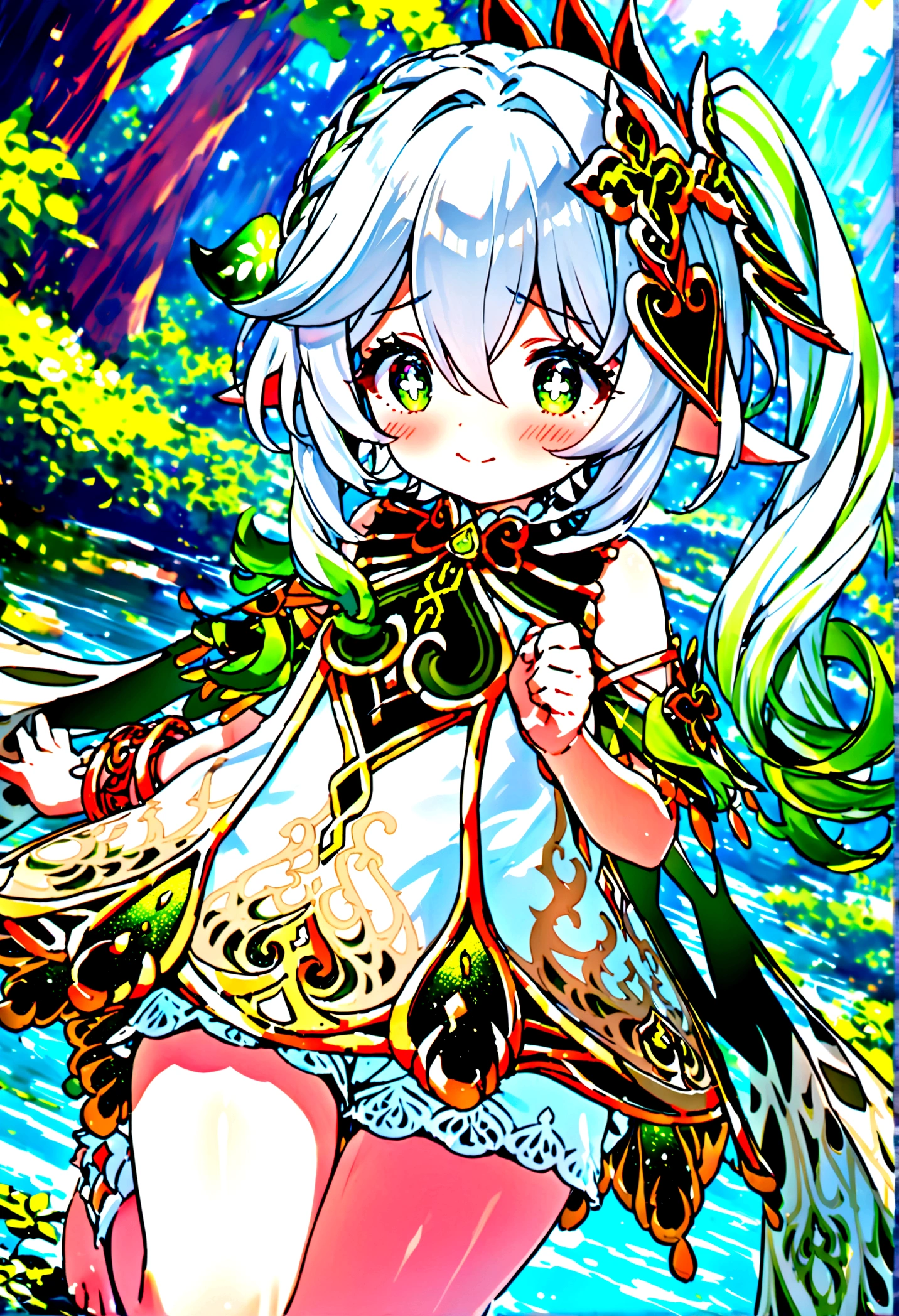 NSFW,masterpiece,Highest quality,High resolution,Super detailed,Nahida \(genshin impact\)、Green Eyes、dress、白いdress、Pointed Ears、Cruciform pupil、Symbol-shaped pupil、+ +、Side Ponytail、Long Hair、White Hair、Multicolored Hair、hair ornaments,blush,Expecting face,Be nervous,smile,in the forest,lake