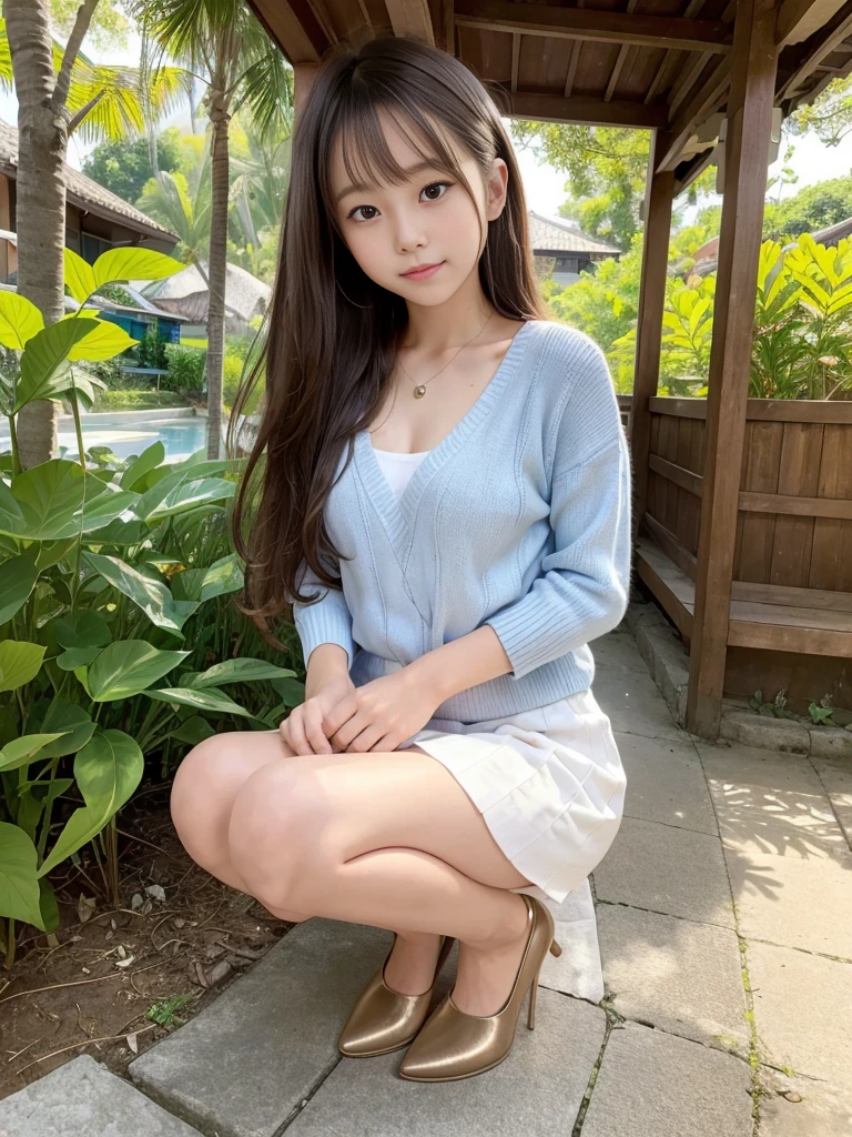 Beautiful shy and childish Japanese girl, Age: 13, Small breasts, Childish expression, Bright honey-colored long hair with curls, Brown eyes, Glossy Lips, Shiny hair and shiny body, Shiny thighs, A shy smile, A loose light brown summer sweater, Denim mini skirt, Squatting in pumps, A glimpse of white panties, In the city of Bali, Clear blue sky and clear blue sea, Light shines in, A glimpse of the chest, The chest is exposed,