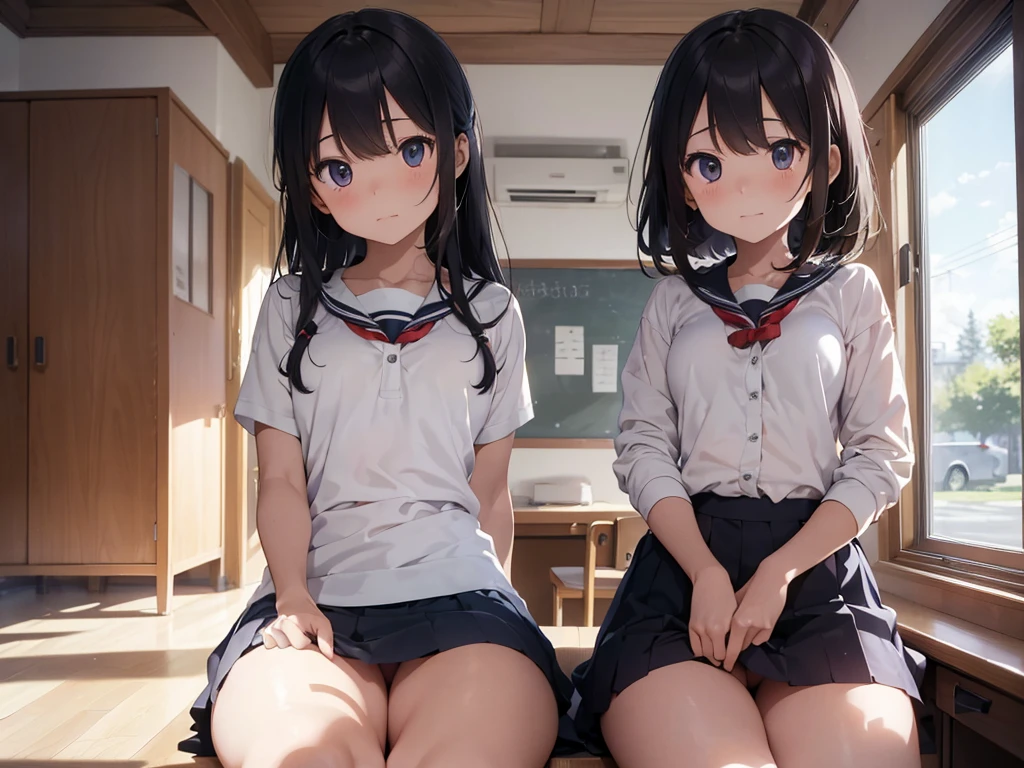 ((Highest quality)), ((masterpiece)), (detailed),Perfect Face,Strong light from the front,With front light,Two naked  sisters in a school clubroom open their clothes, take off their skirts and panties, and spread their legs wide open to show the camera a close-up of their naked crotches.,