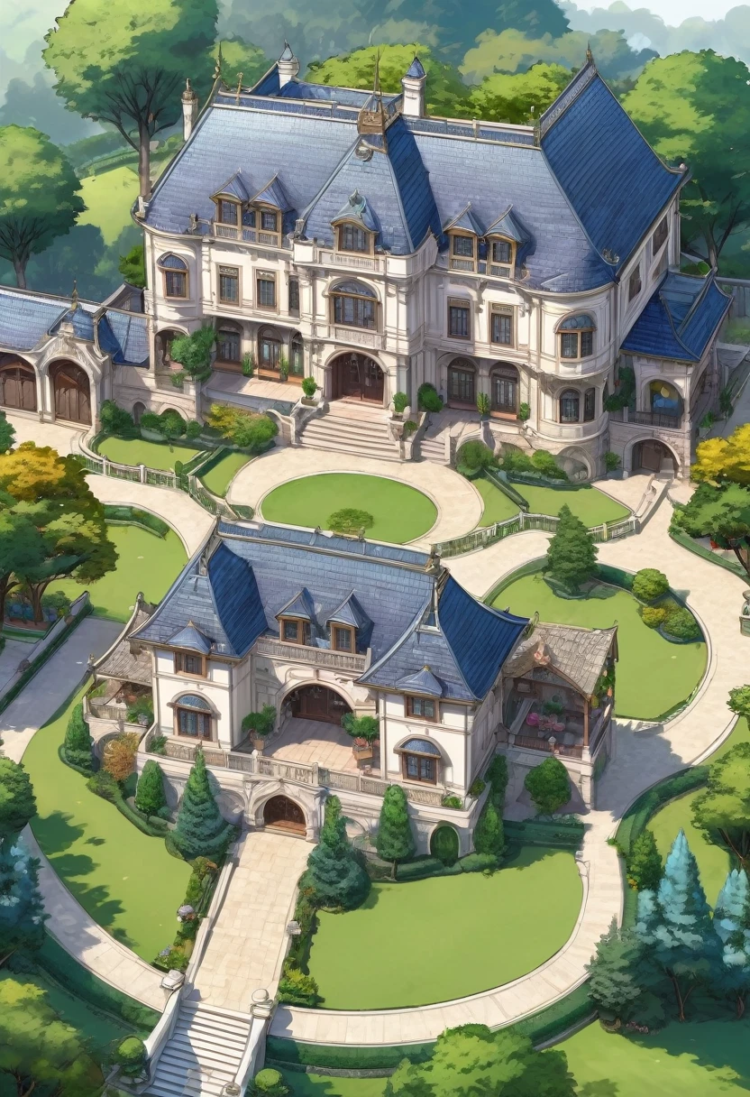 aerial view, medieval fantasy noble mansion, huge mansion, 3 stories high, big front garden, round fountain in the path to the mansion, decorated garden, stables in back garden, maid walking around, gardener working, aristocratic carriage, many windows, manhwa style mansion, manhwa, 2d