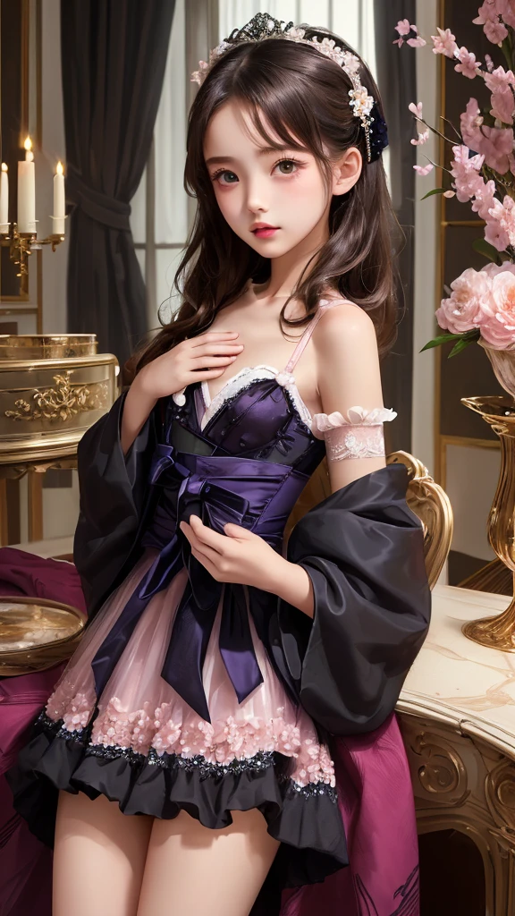 (((flat chest))),((1 girl)),((solo)),((highest quality)), (masterpiece),((High resolution)),beautiful s old girl,model,Japanese, Transparent Pink Lolita s,luxurious study,flower luxury decoration,white ruffle underwear,movie lighting