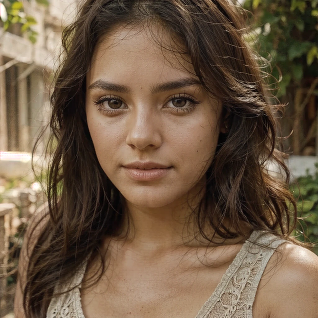 a cute young latin woman, Walking through the streets of Lima, Peru, beautiful detailed eyes, beautiful detailed lips, extremely detailed face and skin, long eyelashes, wavy dark hair, soft smile, outdoor garden setting, natural lighting, intricate details, cinematic lighting, warm color palette, highly detailed, 8k, photorealistic, masterpiece