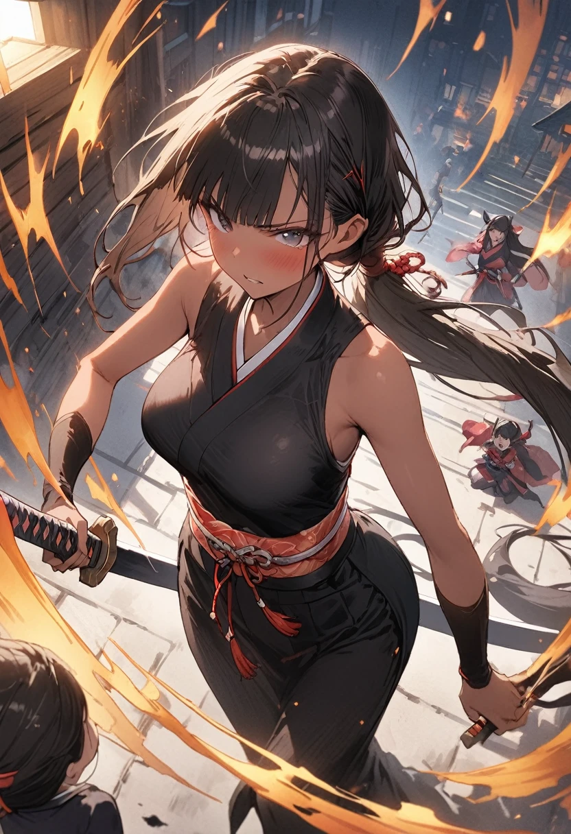 Action Scenes、(A woman fighting countless monsters),((masterpiece,Highest quality:1.3,best quality illustration)), 独奏,1woman,(Mature Japan beauties)、black hair,(low ponytail hair style),long hair,blunt bangs,black eyes,gorgeous eyes,((very small head:1.3)),blush,Serious expression,((very long body:1.2)),medium breasts,(tan skin), (gleaming skin,toned body,slender body, skinny),(Female Ninja Costume、A simple, patternless black kimono、Black Hakama,Holding a precisely rendered Japanese sword),fly、rooftop of high-rise building、Moonlit Night、Tokyo、