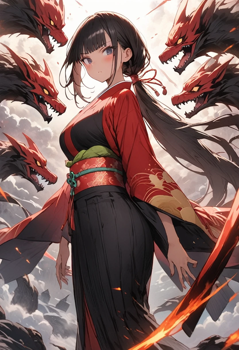 Action Scenes、(A woman fighting countless monsters),((masterpiece,Highest quality:1.3,best quality illustration)), 独奏,1woman,(Mature Japan beauties)、black hair,(low ponytail hair style),long hair,blunt bangs,black eyes,gorgeous eyes,((very small head:1.3)),blush,Serious expression,((very long body:1.2)),medium breasts,(tan skin), (gleaming skin,toned body,slender body, skinny),(Female Ninja Costume、A simple, patternless black kimono、Black Hakama,Holding a precisely rendered Japanese sword),fly、rooftop of high-rise building、Moonlit Night、Tokyo、