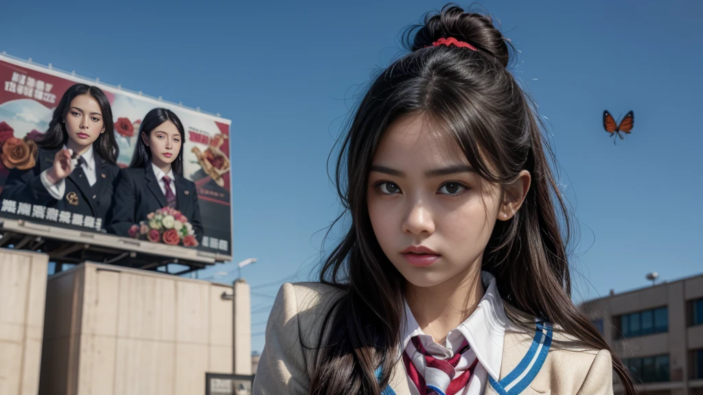brown-black hair, eyes black, skin fair, goose egg face, atmospheric facial features, Cao Cao, confident and powerful, toned and plump, high school girls, schoolar uniform, curly hair, hair bun, with hair clip, red rose, blue butterfly, white rabbit, billboard, official quality, uncanny, Light and Shade, correct proportions, Aesthetics, atmosphere,