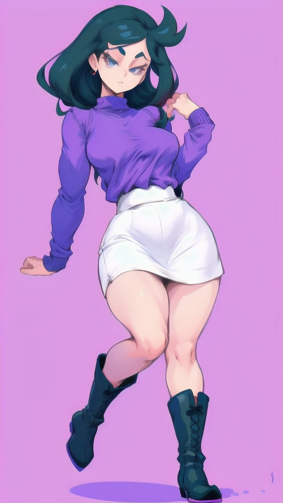 Full body image of Trixie Tang from The Fairly OddParents, full body in image, wearing her original outfit (purple sweater, white skirt, and boots), long black hair, female body, slender and fashionable body, dynamic pose, detailed pose, simple background, expressive face showing confidence, focus on face, line art, sketch