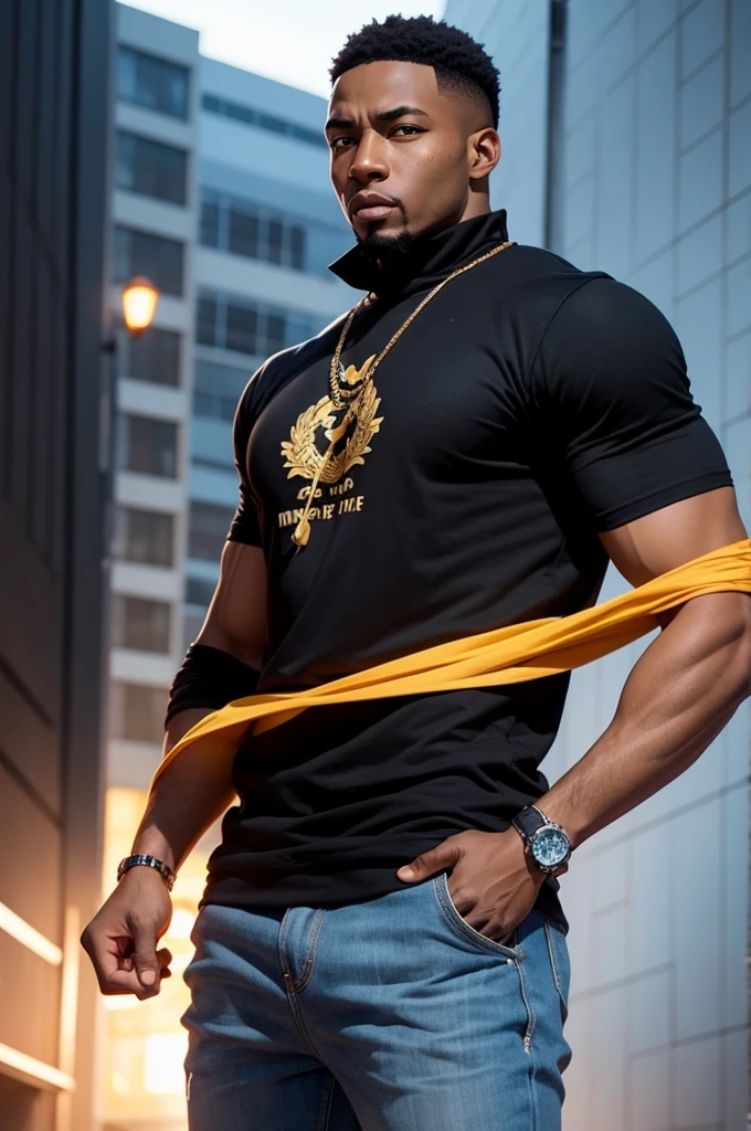 Strong black man character hip-hop anime art using magic