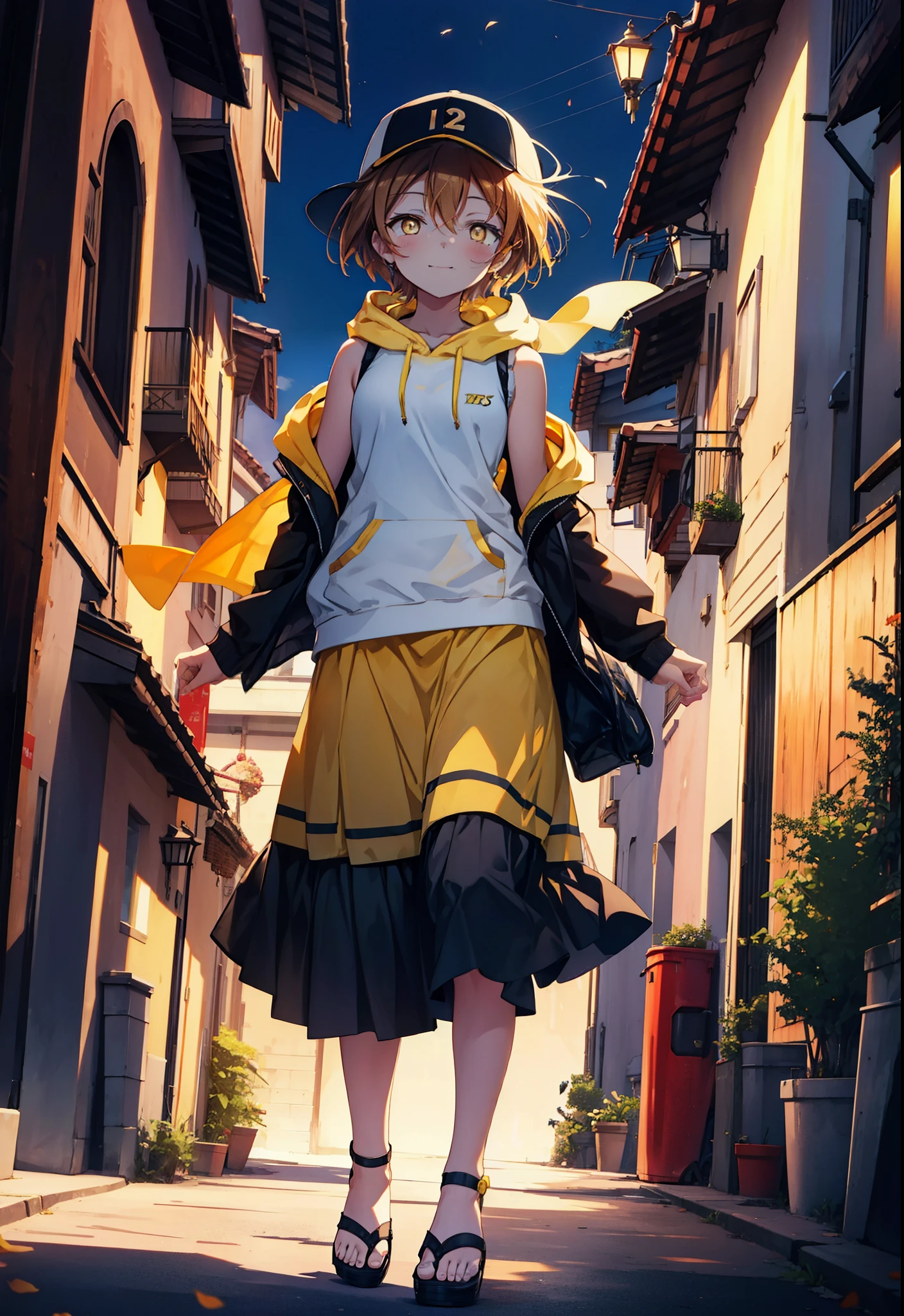 Rin Hoshizora (Yellow Eyes:1.5), Hair between the eyes, Brown Hair,Short Hair,blush,happy smile, smile, Open your mouth,Baseball hats,Oversized sleeveless hoodie,Long skirt,Cute Sandals,Daytime,Clear skies,Walking,whole bodyがイラストに入るように, break looking at viewer, whole body break outdoors, Building district, break (masterpiece:1.2), Highest quality, High resolution, unity 8k wallpaper, (figure:0.8), (Beautiful attention to detail:1.6), Highly detailed face, Perfect lighting, Highly detailed CG, (Perfect hands, Perfect Anatomy),