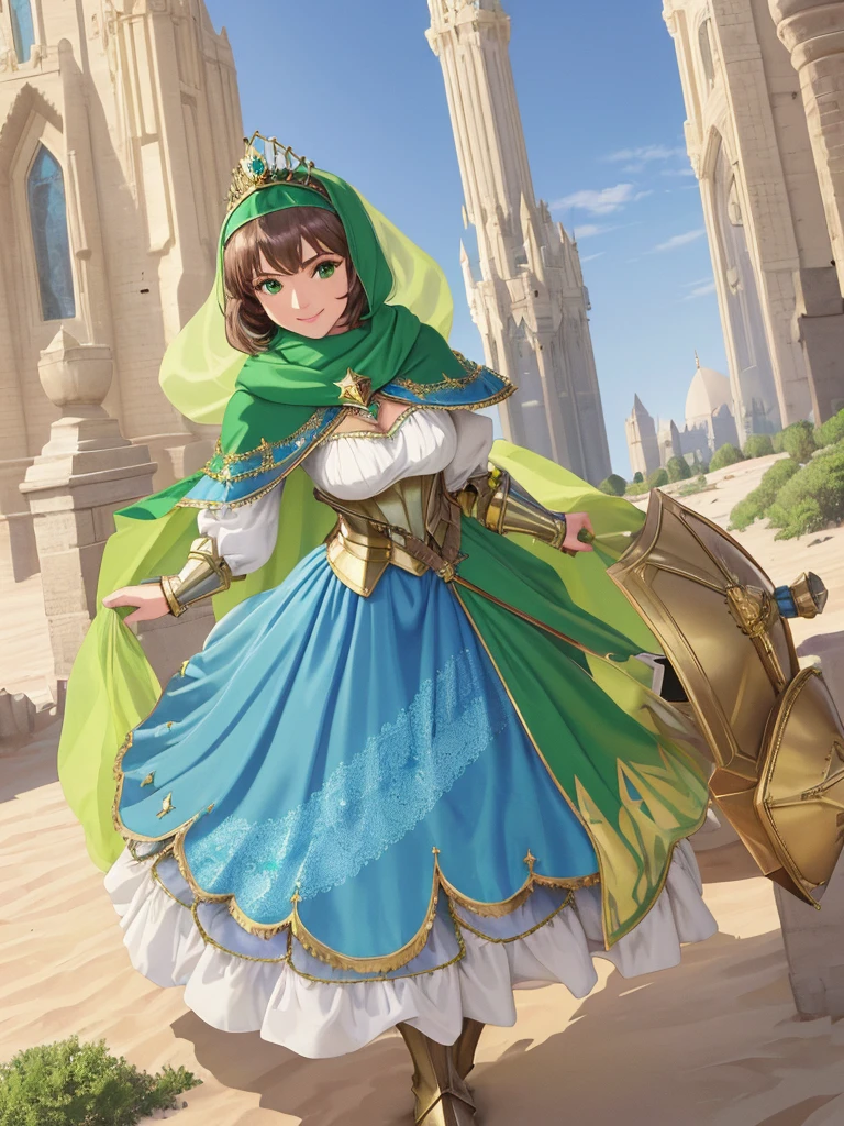 masterpiece, best quality:1.2), 1girl, smile, looking at viewer, green eyes, short brown hair, princess, armor, blue hijab headscarf, pauldrons, armored dress, green cloak cape, wearing puffy blue ballgown skirt, golden tiara with green gem, armored boots, fingerless gloves, standing in front of desert castle