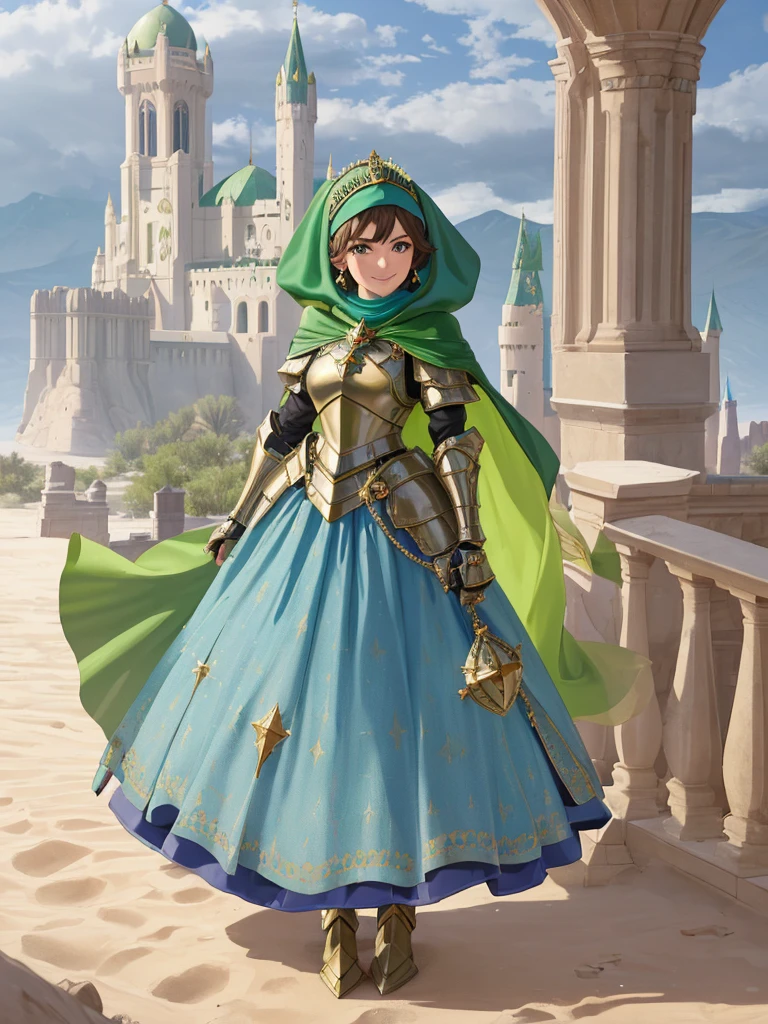 masterpiece, best quality:1.2), 1girl, smile, looking at viewer, green eyes, short brown hair, princess, armor, blue hijab headscarf, pauldrons, armored dress, green cloak cape, wearing puffy blue ballgown skirt, golden tiara with green gem, armored boots, fingerless gloves, standing in front of desert castle