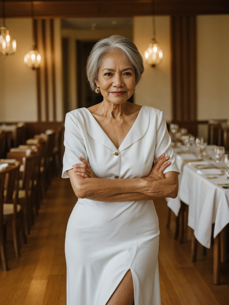 RAW PHOTO, her name is Dolores, high quality, 1 old woman, ((58-year-old slim filipina woman)), (((58 years old))), ((slim body)), ((wrinkled body)), (((old body))), ((long hair)), wearing stylish fashionable elegant dress different colored, POSE: dynamic pose, BREAK, BACKGROUND: indoor: restaurant, film grain