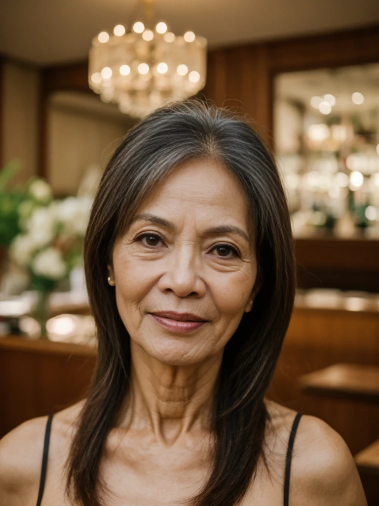 RAW PHOTO, her name is Dolores, high quality, 1 old woman, ((58-year-old slim filipina woman)), (((58 years old))), ((slim body)), ((wrinkled body)), (((old body))), ((long hair)), wearing stylish fashionable elegant dress different colored, POSE: dynamic pose, BREAK, BACKGROUND: indoor: restaurant, film grain