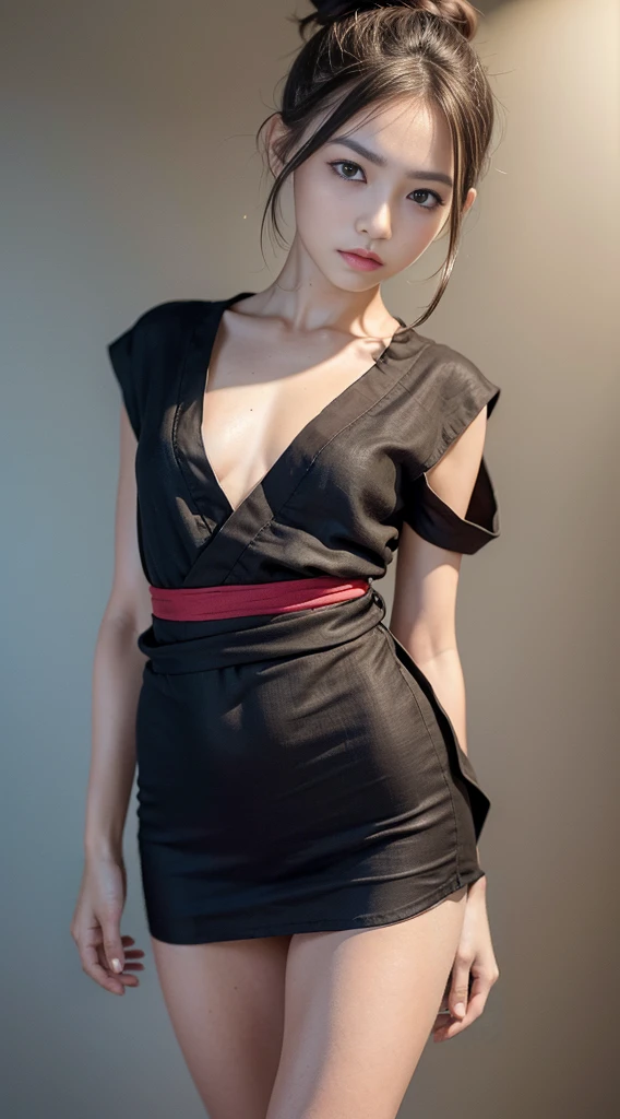 ((Highest quality, 8K, masterpiece :1.3)),  Photorealistic，(Cinema Lighting)，Facial detail texture. Eye details. double eyelid, Slender body. Very small breasts, Sexy clavicle，12-year-old girl, Photorealistic:1.37，Perfect Eyes, ((A girl wearing a black yukata))、(Ultra-thin fabric:1.2)，((Tattered Linen))，With figure，Brunette color hair，Hair Bun，，barefoot，Like the whole body，Short sleeve，Ultra micro mini skirt，Exposing thighs，fold，((Plain background))，I&#39;m shy，Make your face bright red、No underwear、Super detailed shaved pussy、No makeup、Super clear、