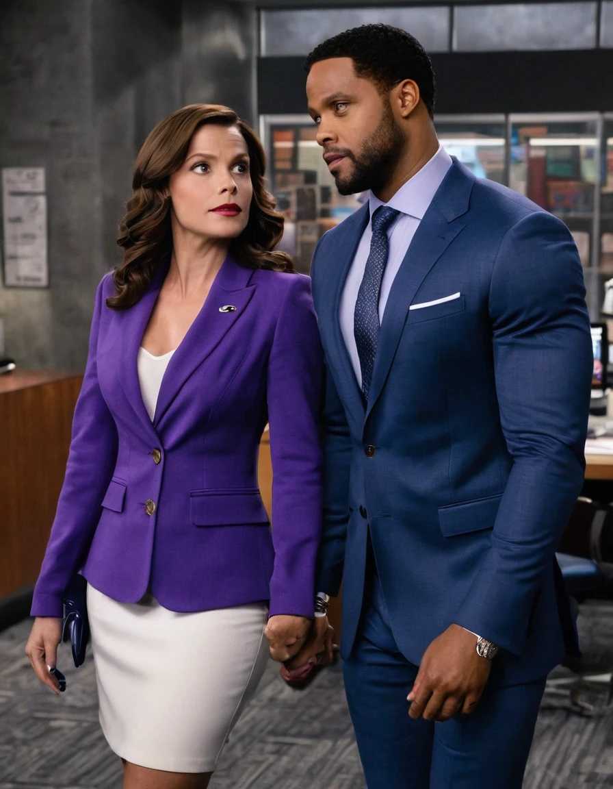 DC Comics' Lois Lane and a handsome African American male whose facial features are a combo of Michael Ealy + Isaiah Mustafa + Trevante Rhodes as Clark Kent walk through the Daily Planet office. The male wears a blue suit. Lois wears a purple suit jacket and a white skirt and black high heels. Lois has lovely makeup on her face. Nighttime. Romantic ambiance. Symmetrical eyes. Symmetrical faces. Lovely details. Photorealistic. Full-colored photo. Professional photo. Highly detailed 8K.