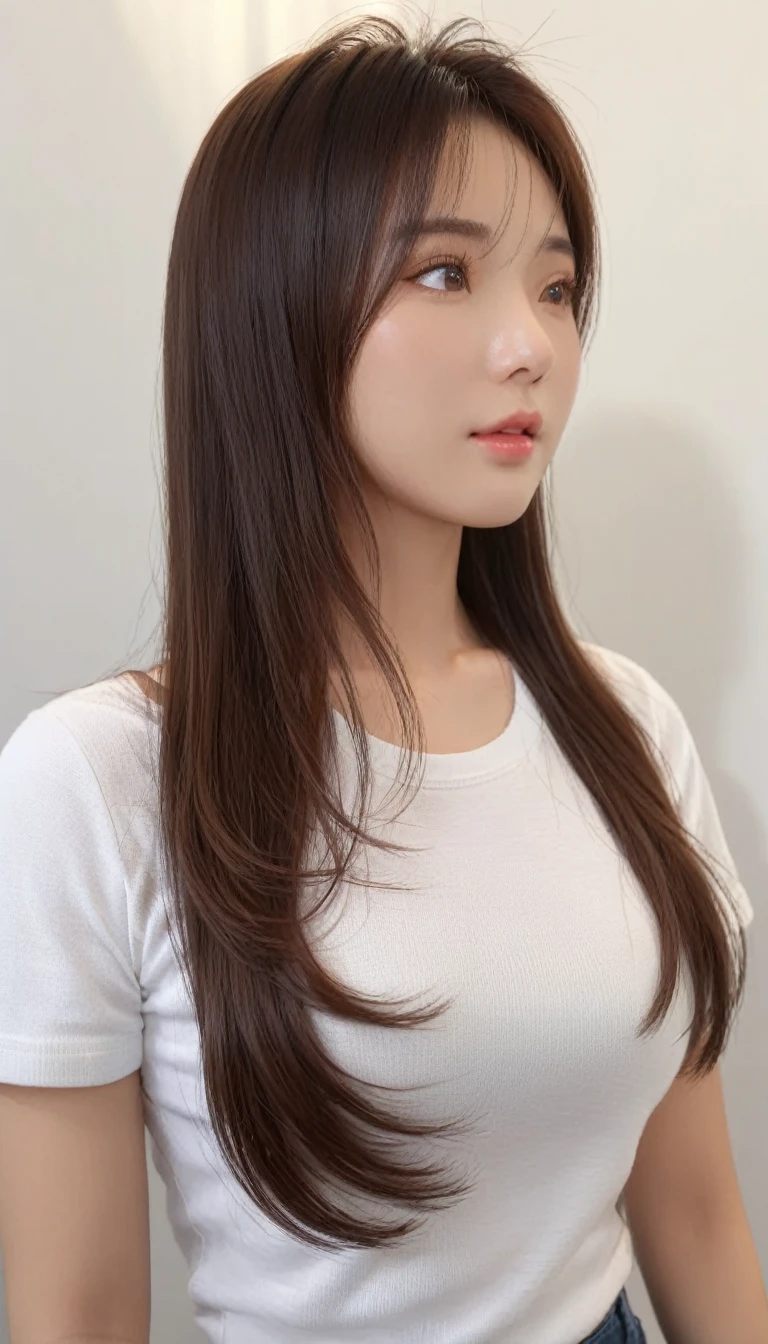 Best Quality, 8k, Masterpiece, (Portrait: 1.3), (photo realistic:1.4), (hyper realistic:1.4), Sharp Focus, looking at viewer, (smoother lighting:1.1), (increase cinematic lighting quality:0.9), realistic lighting, backlighting, light on face, ray trace, (brightening light:1.2), (Increase quality:1.4), sharp detail, (best quality real texture skin:1.4), finely detailed eyes, black_eyes, finely detailed face, 25 year old Korean woman