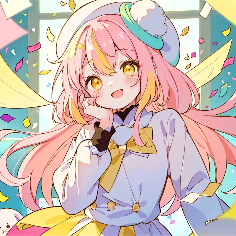 (Chibi:1.15),girl,blush,(Marble colored hair of white, pink, yellow green and yellow:1.35),(Smooth long hair:1.2),(hat:1.3),(A big smile:1.35),(orange heart-like eyes:1.3),(smiling with open mouth:1.25),(Colorful and gorgeous atmosphere like stained glass:1.25),(A costume with a fluffy and cute silhouette like an idol.:1.3),(An outfit inspired by school uniforms:1.25),(Cute pose with hand on side of face:1.3),(Burikko:1.3),(close up of face:1.35),(Brightness:1.35),(Gentle sunlight:1.25),(colored tape and confetti:1.25),(active movement:1.3),(Cute stuffed animals and sweets are flying around:1.3),(Colorful and cute POP atmosphere:1.2),