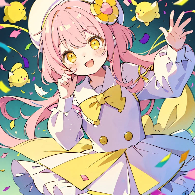 (Chibi:1.15),girl,blush,(Marble colored hair of white, pink, yellow green and yellow:1.35),(Smooth long hair:1.2),(hat:1.3),(A big smile:1.35),(orange heart-like eyes:1.3),(smiling with open mouth:1.25),(Colorful and gorgeous atmosphere like stained glass:1.25),(A costume with a fluffy and cute silhouette like an idol.:1.3),(An outfit inspired by school uniforms:1.25),(Cute pose with hand on side of face:1.3),(Burikko:1.3),(close up of face:1.35),(Brightness:1.35),(Gentle sunlight:1.25),(colored tape and confetti:1.25),(active movement:1.3),(Cute stuffed animals and sweets are flying around:1.3),(Colorful and cute POP atmosphere:1.2),