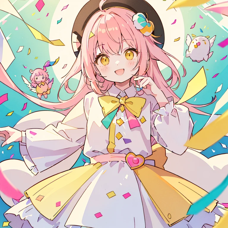 (Chibi:1.15),girl,blush,(Marble colored hair of white, pink, yellow green and yellow:1.35),(Smooth long hair:1.2),(hat:1.3),(A big smile:1.35),(orange heart-like eyes:1.3),(smiling with open mouth:1.25),(Colorful and gorgeous atmosphere like stained glass:1.25),(A costume with a fluffy and cute silhouette like an idol.:1.3),(An outfit inspired by school uniforms:1.25),(Cute pose with hand on side of face:1.3),(Burikko:1.3),(close up of face:1.35),(Brightness:1.35),(Gentle sunlight:1.25),(colored tape and confetti:1.25),(active movement:1.3),(Cute stuffed animals and sweets are flying around:1.3),(Colorful and cute POP atmosphere:1.2),