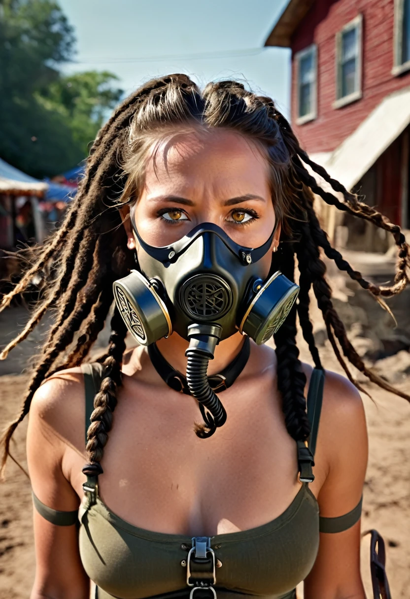 mujer cuerpo perfecto semidesnuada, single braid, single braid, dreadlocks, black hair, gas mask, constricted pupils, pupils sparkling, hoop earrings, licking lips, naughty face, saliva trail, Hyperrealism, En plein air, feet out of frame, symmetry, cowboy shot, 85mm, Sony FE GM, retina, masterpiece, accurate, textured skin, anatomically correct, super detail, high details, award winning, high quality, best quality, highres, 1080P, 16k