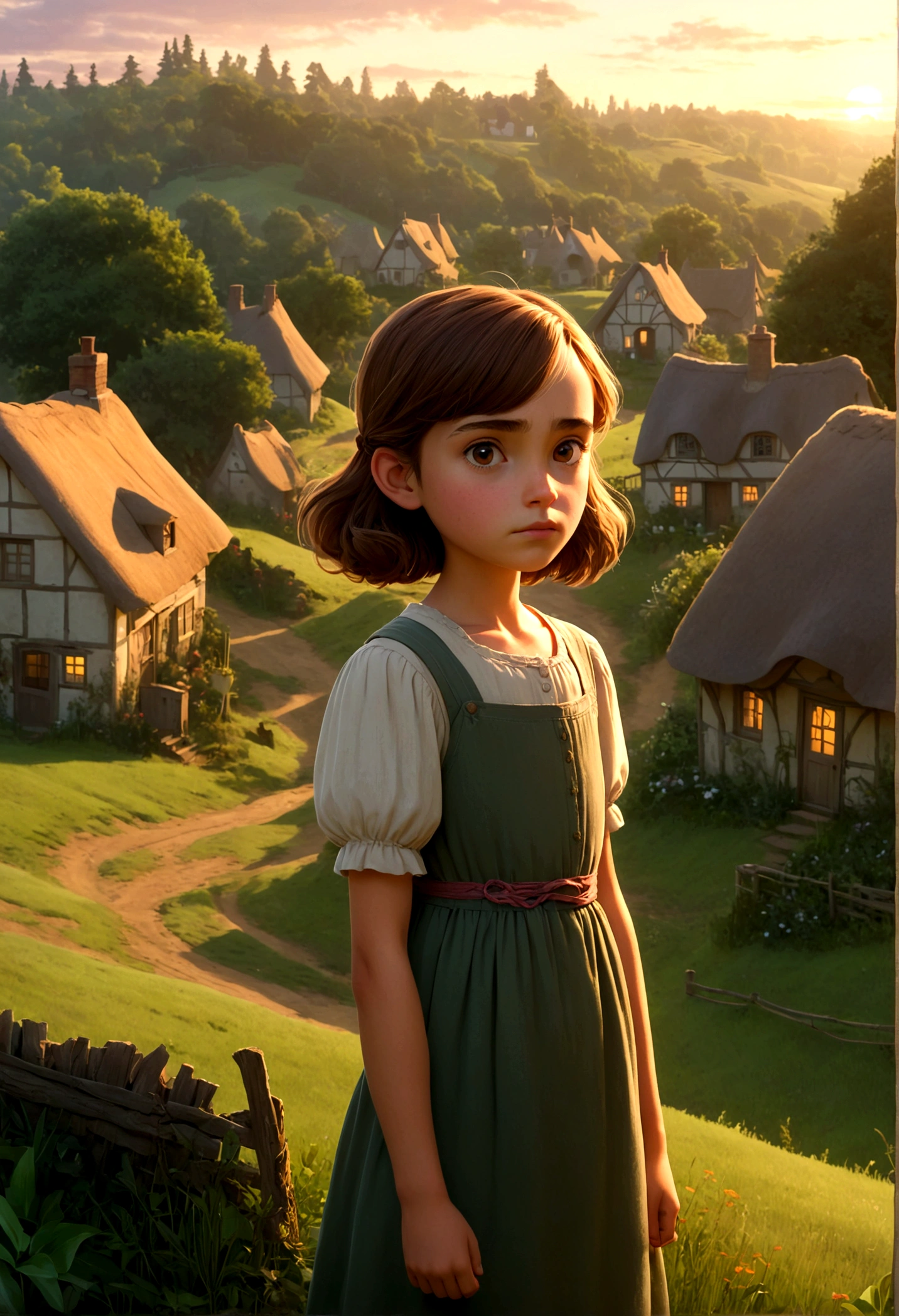 A peaceful village at dawn with the protagonist, a young girl named Lily, standing on a hill. She wears a simple dress and looks determined, with the village's quaint cottages and the forest in the background.