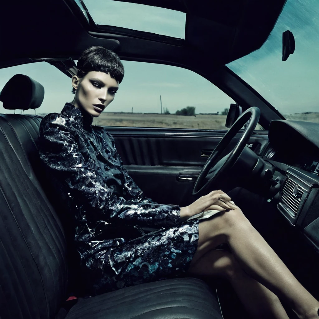 Driving a car, fashion photoshoot, photographed by Steven Klein