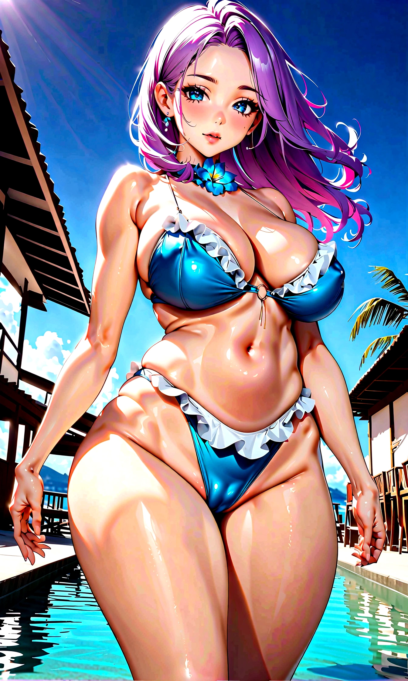 busty bimbo brazilian beach babe, (model), classy, sophisticated, ((south american)), (brazilian facial features), glossy eyes, ((((beautiful)))), tropical, gorgeous, (cute), ((hyper sexualized)), raunchy, hourglass body, ((sexy)), ((perfect)), (feminine), walking happily, hip sway, colorful creative frilly flower bikini, cute flower choker, huge cute flower sunglasses, voluptuous round juicy breasts, voluptuous strong ass, strong thighs, sexy hips, hip cleavage, full shapely body, curvy, vibrant aura, smooth shiny skin, (sexy lighting), beach resort background, smooth clean lines, ultra textured, highest resolution, maximum quality, max detail, vivid colors, max texture, energetic composition, dramatic lighting, crystal clear, depth perspective, high contrast, seamlessly blended, photorealistic, chromatic aberration, subpixel precision, bokeh effect depth art, anamorphic perspective, hdr high dynamic range, spectral color graded, photometric lighting, motion lines
