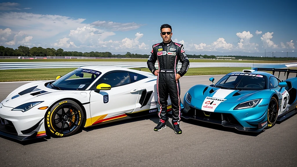 sports car、Old cars、Japanese、Two very different drivers、Racing Suits、Stand next to the car、Circuit、Photorealistic、