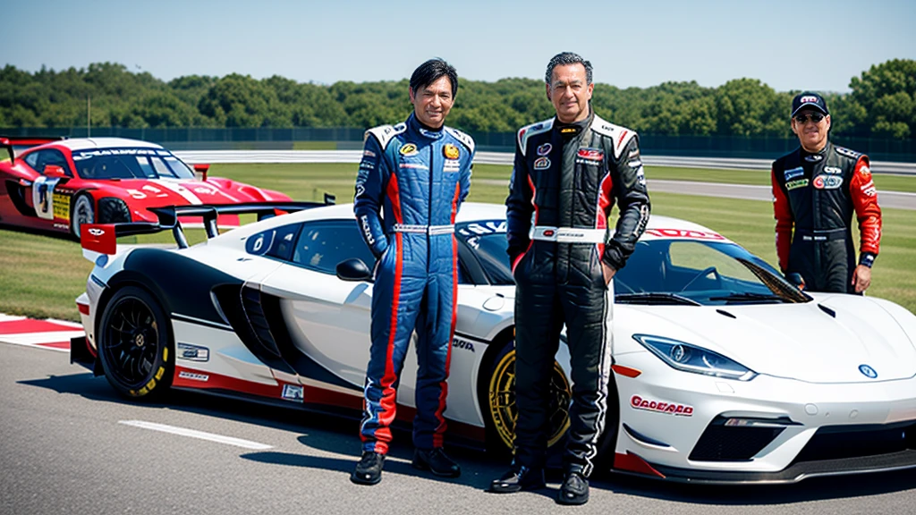 sports car、Old cars、Japanese、Two very different drivers、Racing Suits、Stand next to the car、Circuit、Photorealistic、