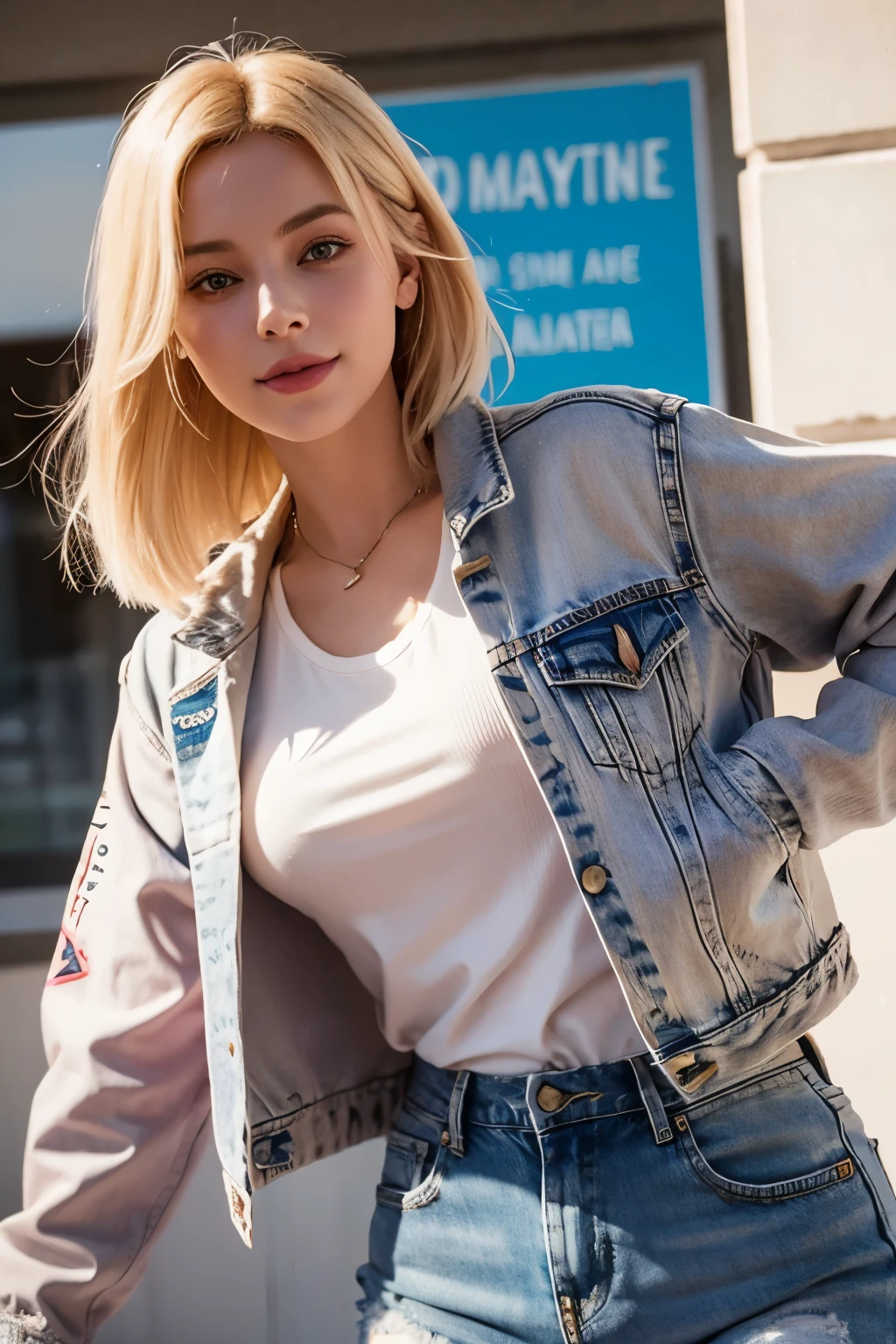 hyperdetailed image blond woman in a denim pink jacket and blue jeans posing for a picture, chloe price from life is strange, smile attractive, wearing SWAT clothes jacket, chloe price, margot robbie in gta v, style of alena aenami, realistic clothing, gwen stacy, pharaon model girl, style of pharaon,  background future world, masterpiece, UHD, 16K.