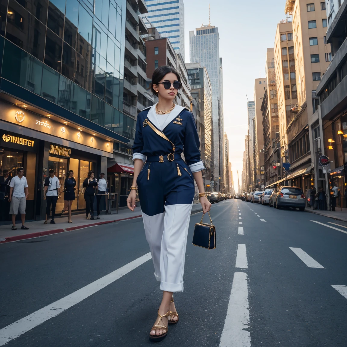 Commanding attention on a bustling city street, a young beautiful model with a short, stylish haircut and a confident expression exudes urban nautical elegance. A navy blue jumpsuit with a relaxed fit and a cinched waist evokes a sailor's uniform with a modern twist. White platform sandals with chunky gold chain details add a touch of edge, while a structured white handbag with gold hardware and a miniature anchor charm on the keychain reinforces the nautical theme. Oversized sunglasses with blue mirrored lenses reflect the city lights, and a chunky gold necklace featuring a compass pendant completes the captain's look. Crisp white anchors on a backdrop of classic navy blue adorn the model's nails in the "Anchor Away" design, tying the nautical theme together. The warm glow of the setting sun bathes the cityscape as she strides confidently down the street, skyscrapers casting long shadows behind her.