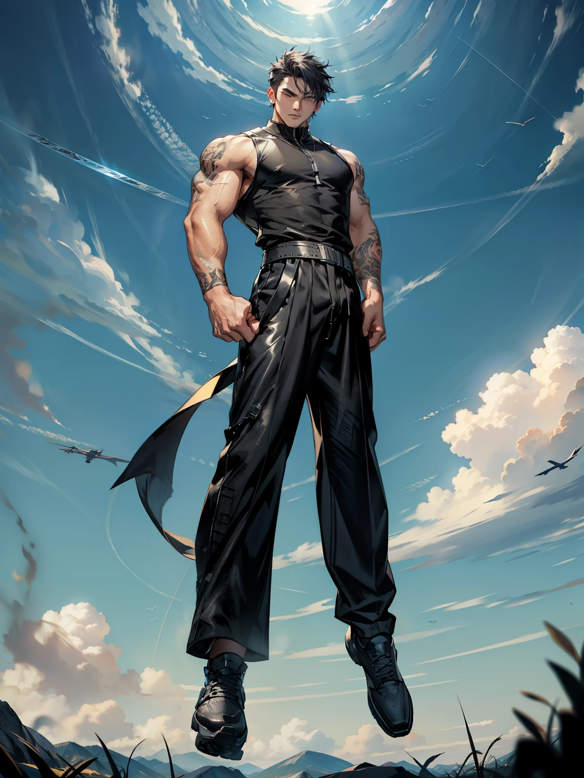 boys 26 Years old, Serious face, wearing black sleeveless shirt, black pants, black hair, levitate on sky, blue sky, cloud