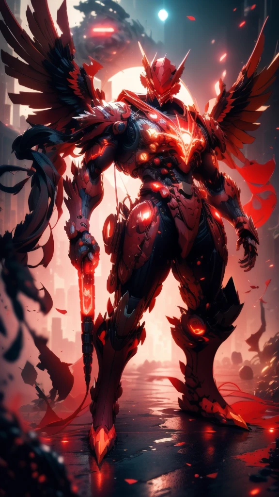 Red Theme, Phoenix Mech, rooster head chicken head, Mecha wings, cyberpunk, best quality, masterpiece, unmanned, whole body, Mechanical wonder, strong, moon, Ruined City, Highest quality digital art, Amazing Art, Wallpaper 4k, Very detailed, military, , War Zone, Dynamic lighting, Movie, epic, Mechanical parts damage