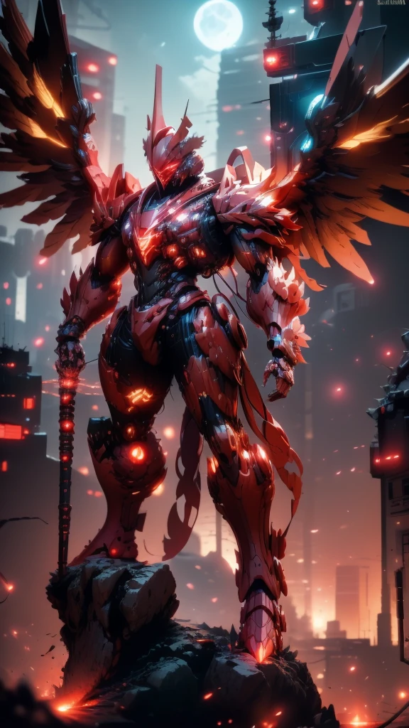 Red Theme, Phoenix Mech, rooster head chicken head, Mecha wings, cyberpunk, best quality, masterpiece, unmanned, whole body, Mechanical wonder, strong, moon, Ruined City, Highest quality digital art, Amazing Art, Wallpaper 4k, Very detailed, military, , War Zone, Dynamic lighting, Movie, epic, Mechanical parts damage