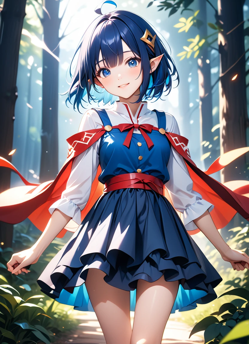 1girl, RENA LANFORD, 1GIRL, AHOGE, BLUE HAIR, SHORT HAIR, BLUE EYES, POINTY EARS
CRESCENT HAIR ORNAMENT, RED CAPE, BLUE VEST, LEATHER ARMOR, RED RIBBON, WAIST RIBBON, BLUE SKIRT, MINISKIRT, SHOES, BREAK kawaii, smile, cowboy shot, own hands clasped, forest, night, lightning bug, light particle, BREAK detailed face, smooth skin, cinematic lighting, volumetric shadow, BREAK 3D, CG illustration, score_9, score_8_up, score_7_up, (masterpiece:1.2), (best quality:1.2), (very aesthetic:1.2), (absurdres:1.2), (detailed background), newest, (intricate:1.2), ai-generated, BREAK