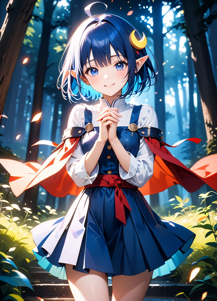 1girl, RENA LANFORD, 1GIRL, AHOGE, BLUE HAIR, SHORT HAIR, BLUE EYES, POINTY EARS
CRESCENT HAIR ORNAMENT, RED CAPE, BLUE VEST, LEATHER ARMOR, RED RIBBON, WAIST RIBBON, BLUE SKIRT, MINISKIRT, SHOES, BREAK kawaii, smile, cowboy shot, own hands clasped, forest, night, lightning bug, light particle, BREAK detailed face, smooth skin, cinematic lighting, volumetric shadow, BREAK 3D, CG illustration, score_9, score_8_up, score_7_up, (masterpiece:1.2), (best quality:1.2), (very aesthetic:1.2), (absurdres:1.2), (detailed background), newest, (intricate:1.2), ai-generated, BREAK