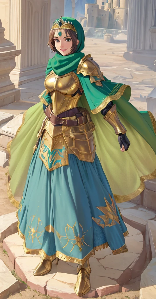 masterpiece, best quality:1.2), 1girl, smile, looking at viewer, green eyes, short brown hair, princess, armor, blue hijab headscarf, pauldrons, armored dress, green cloak cape, wearing puffy blue ballgown skirt, golden tiara with green gem, armored boots, fingerless gloves, standing in front of desert castle