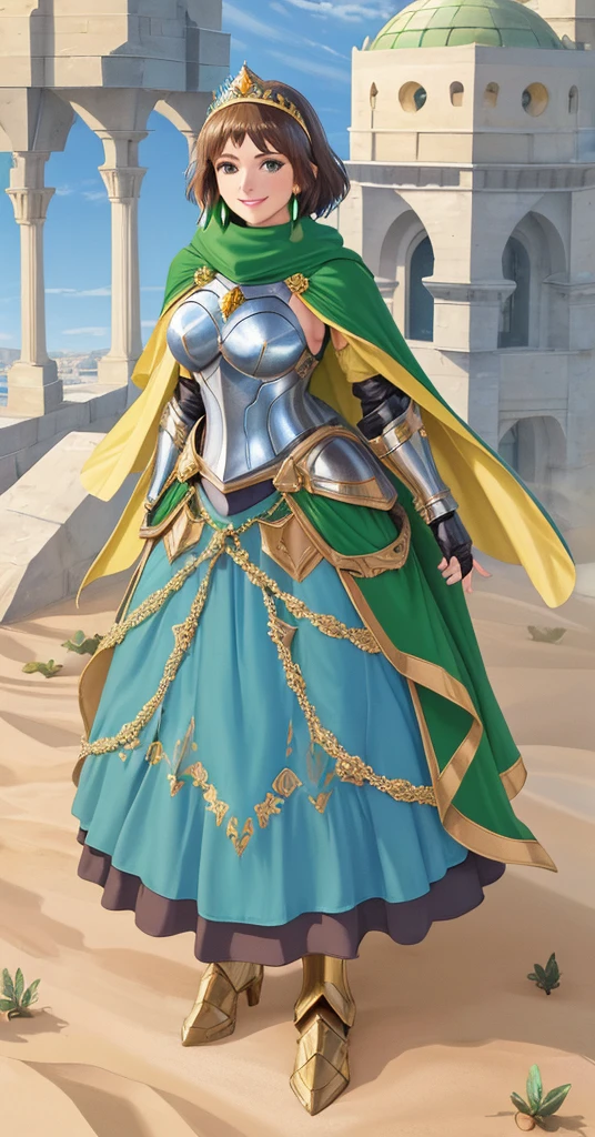 masterpiece, best quality:1.2), 1girl, smile, looking at viewer, green eyes, short brown hair, princess, armor, blue hijab headscarf, pauldrons, armored dress, green cloak cape, wearing puffy blue ballgown skirt, golden tiara with green gem, armored boots, fingerless gloves, standing in front of desert castle
