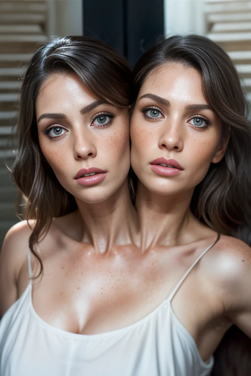Create a deeply realistic upper body portrait of a woman, ((2heads)), conjoined dicephalus,embracing imperfections in her skin and hair. Zoom in to showcase intricate details like visible pores, subtle blemishes, and scattered freckles, scars. Capture the complexity of her eyes with well-defined irises, conveying depth and emotion. Depict a natural, imperfect texture in her hair, emphasizing flyaways and individual strands. Pay careful attention to the interplay of light and shadow, adding a three-dimensional quality to the portrait. This upper body composition should evoke a sense of genuine beauty in imperfection, striking a balance between realism and artistry, crows feet,45 years old , some wrinkles
