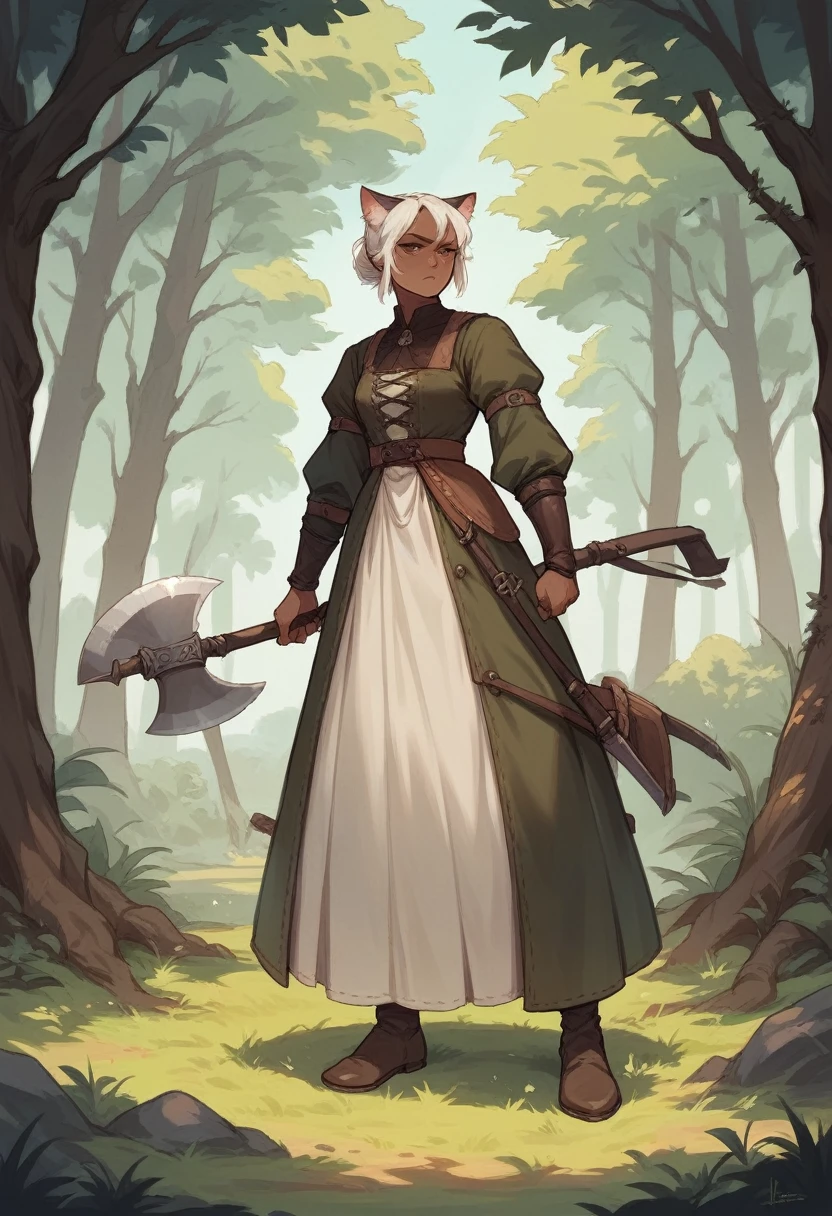 brown-skinned woman,tall and strong,with cat ears,white hair color,wearing a medieval dress,at a forest,wielding an axe