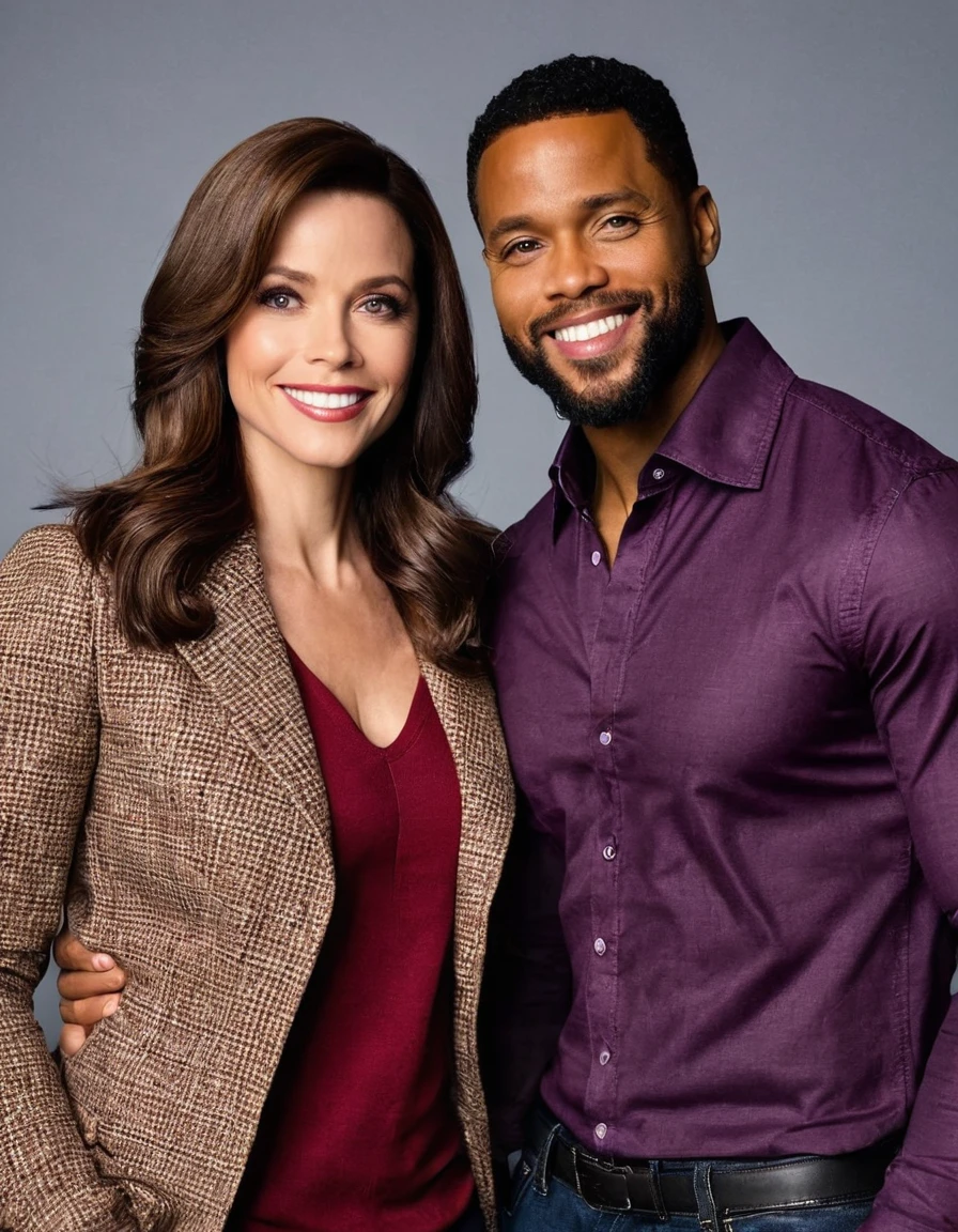 DC Comics' Lois Lane and a handsome African American male whose facial features are a combo of Michael Ealy + Isaiah Mustafa + Trevante Rhodes as Clark Kent pose together for a photo. Both are smiling. Both are attired attractively but casually for a date. The male wears a brown jacket and a red flannel shirt and jeans. Lois wears purple and white. Lois has lovely makeup on her face. Daytime. Romantic ambiance. Symmetrical eyes. Symmetrical faces. Lovely details. Photorealistic. Full-colored photo. Professional photo. Highly detailed 8K.