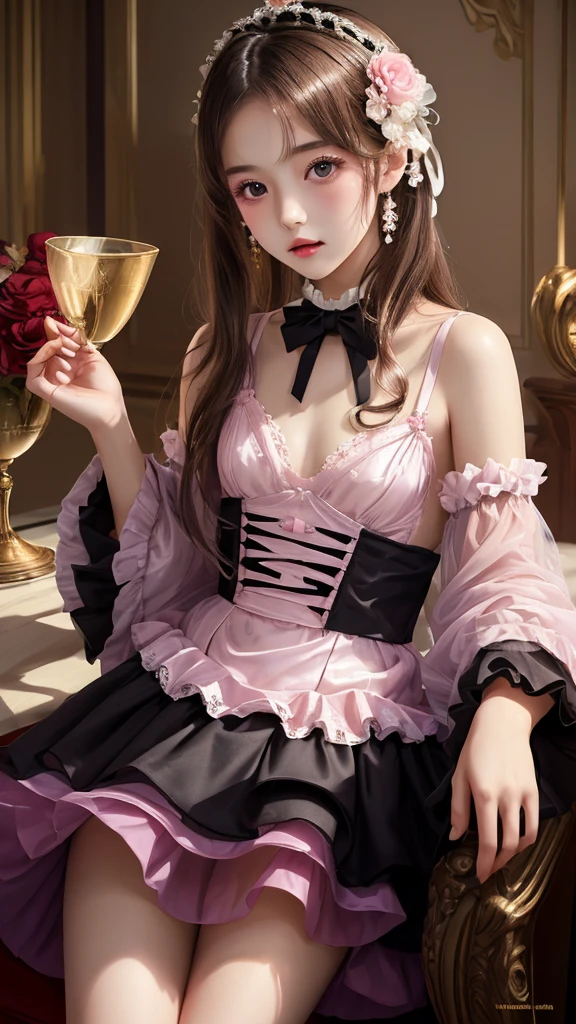 (((flat chest))),((1 girl)),((solo)),((highest quality)), (masterpiece),((High resolution)),beautiful  girl,model,Japanese, Transparent Pink Lolita dress,luxurious study,flower luxury decoration,white ruffle underwear,movie lighting