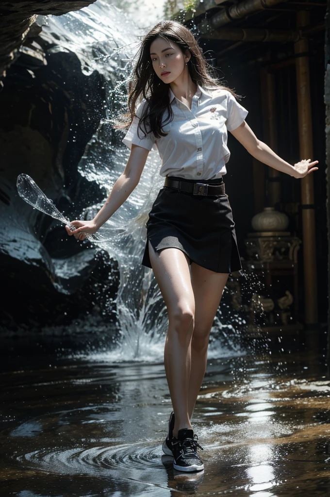 Knee shot, 18s woman in thai university uniform, long straight wet hair, white wet short-sleeve shirt, black wet tight mini skirt, brown belt, white sneakers, masterpiece:1.2, high detail, realistic, cinematic scene, slim and perfect figure, perfect body proportions, 16k, portrait photo, dynamic pose, dynamic compositions, water, surrounded by gas fumes in battle, xuer martial arts, water drops on her face, motion blur, long exposure, in cave