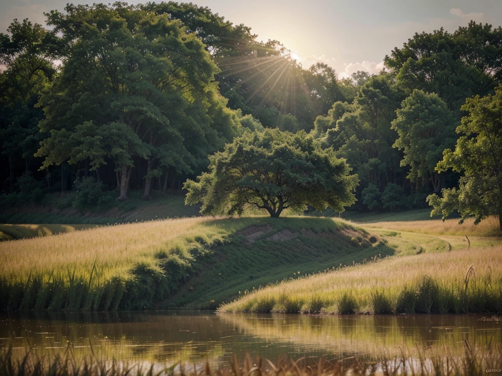 A serene rice field, lush green foliage, golden sunset sky, atmospheric lighting, picturesque landscape, idyllic rural scenery, tranquil pond reflection, silhouetted trees, vibrant colors, stunning natural beauty, (best quality,4k,8k,highres,masterpiece:1.2),ultra-detailed,(realistic,photorealistic,photo-realistic:1.37),landscape,dramatic lighting,warm color palette,ambient occlusion,depth of field,volumetric fog