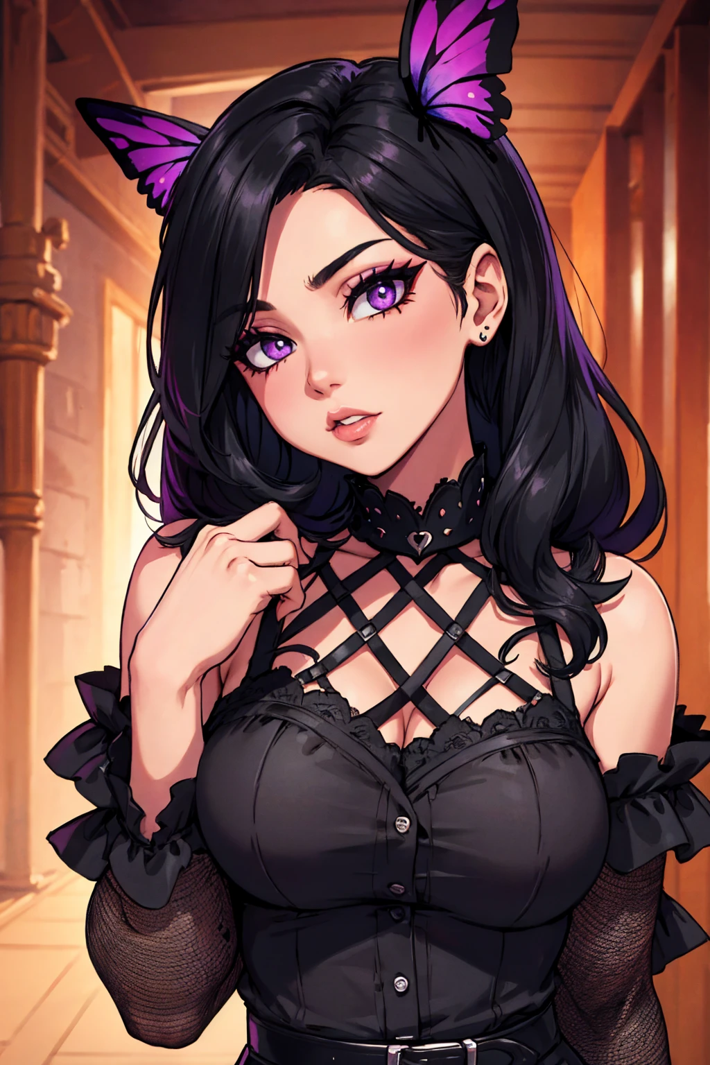 long black hair, hispanic, black purple butterfly shirt, black fishnets, high quality, hd