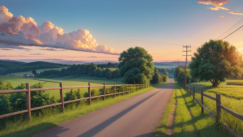 School zone,countryside,summer,evening,Paintings inspired by Makoto Shinkai,the way,No humans,cloud,sunset,guardrail,Electric pole